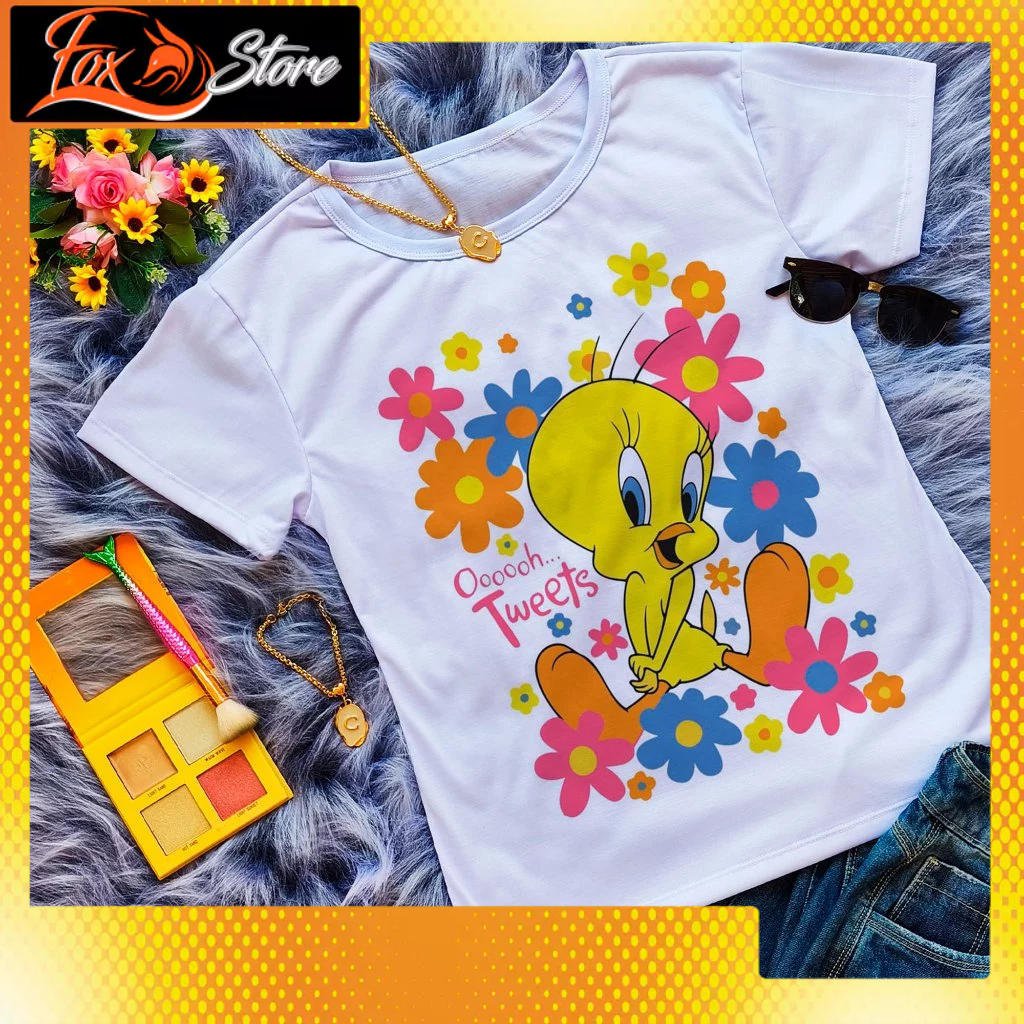Camiseta Feminina Adulto Baby Look Manga Curta Personagem Piu-Piu