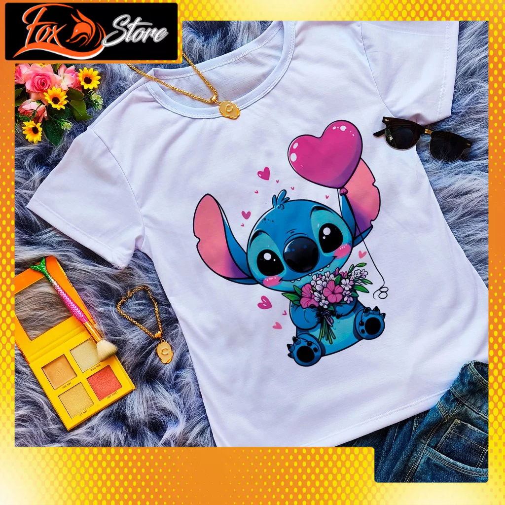 Camiseta Feminina Adulto Baby Look Manga Curta Personagem Lilo Stitch em Oferta na Shopee