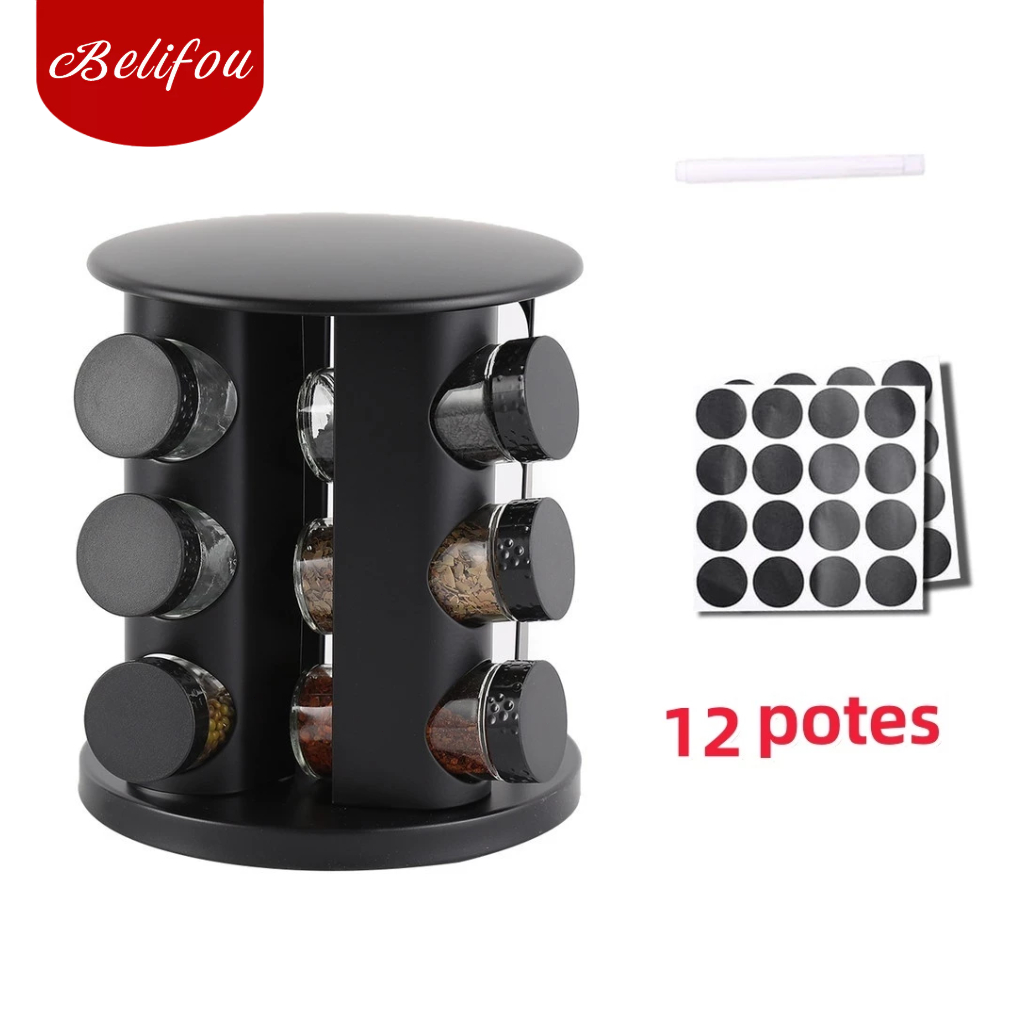 Belifou Porta Condimentos Giratório Tempero com 12 potes de Vidro 90G