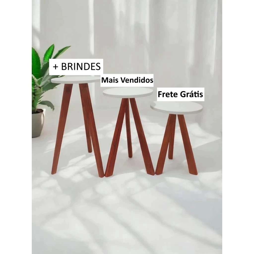 Conjunto de Mesinha Lateral Redonda Sala Pe Madeira Retro Sala Quarto kit c/3