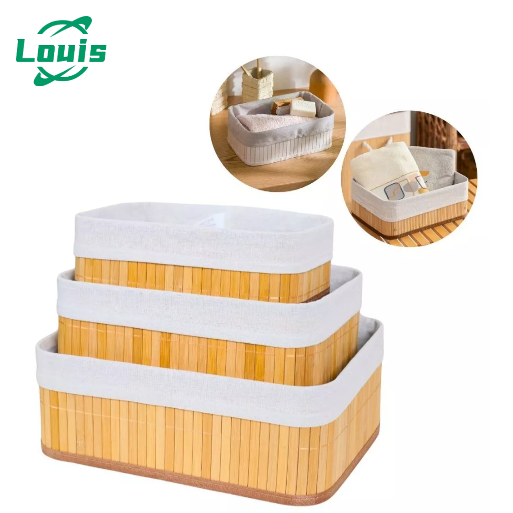 Louis Kit 3 Cestos Organizadores de Bambu Multiuso com Forro