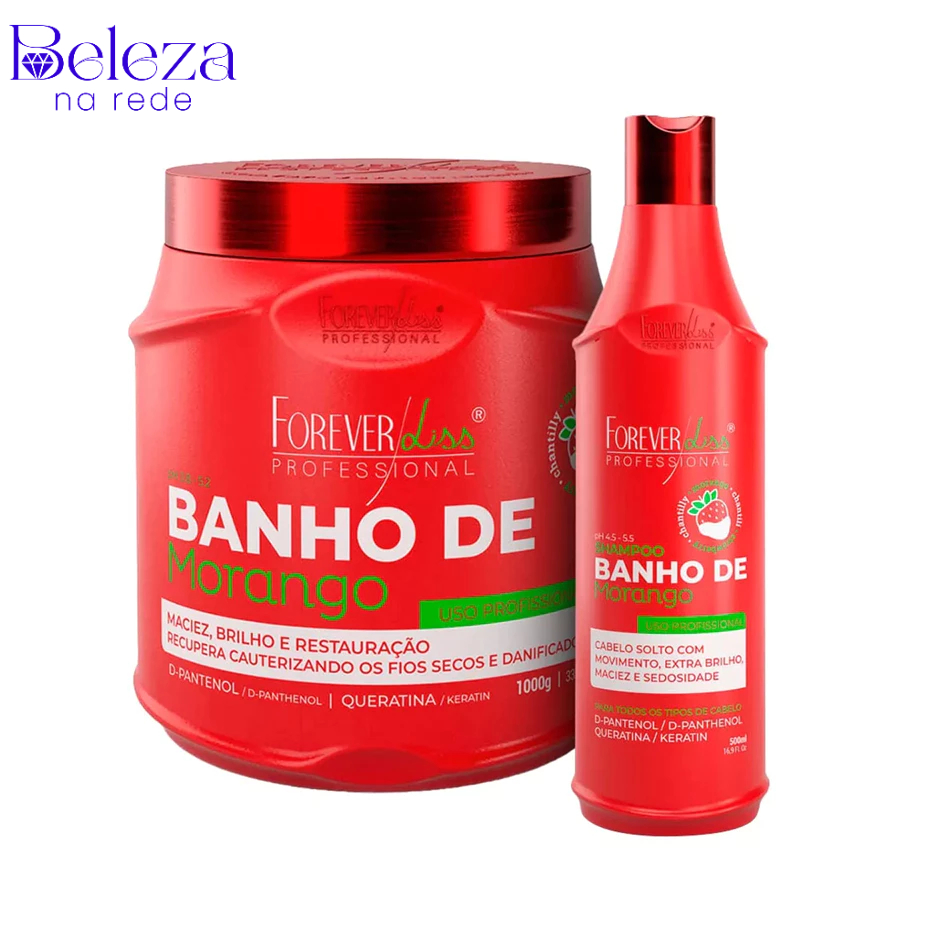 Banho de Verniz Morango Kit Shampoo 500ml e Máscara 1000g Hidratação, Brilho e Perfume