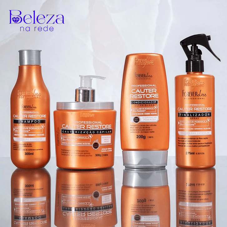 Kit Completo Cauterização Capilar Cauter Restore Forever Liss 4 Itens Restauração e Nutrição