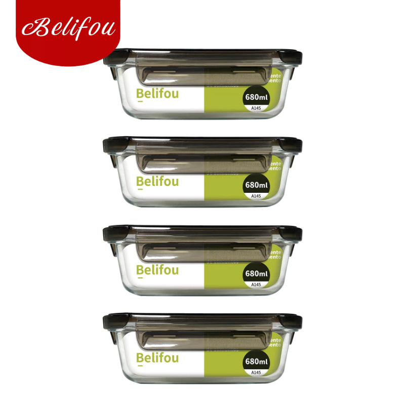 Belifou Conjunto 4 Potes Vidro Hermético Mantimentos Marmita 680ml - Home & Living