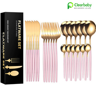 Kit 24 Peças Aço Inoxidável Ouro Rosa Garfo Colher Faca Colher De Mesa