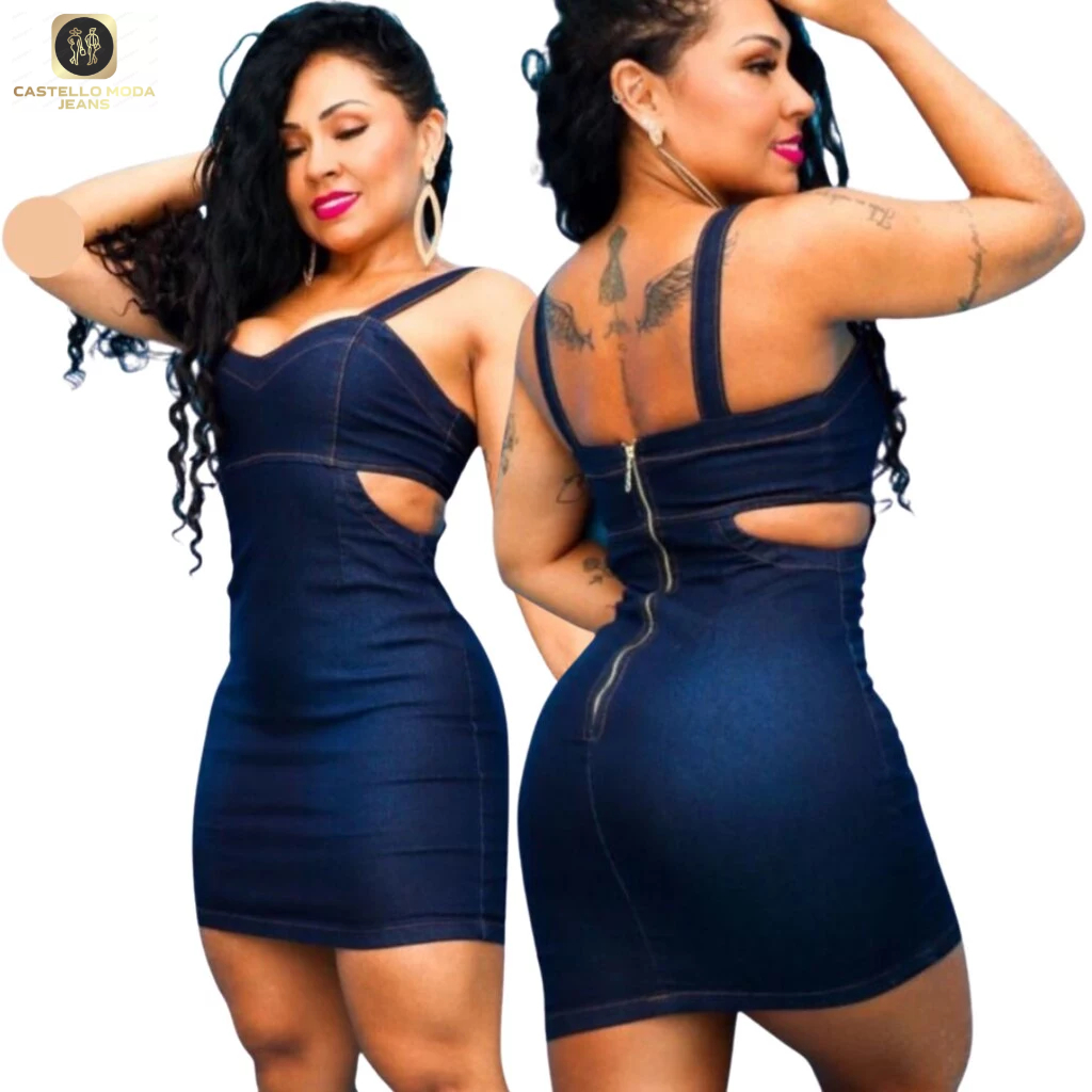 Vestido Jeans Feminino Com Alça Liso com Ziper Cor Escuro Curto Casual Passeio Festa