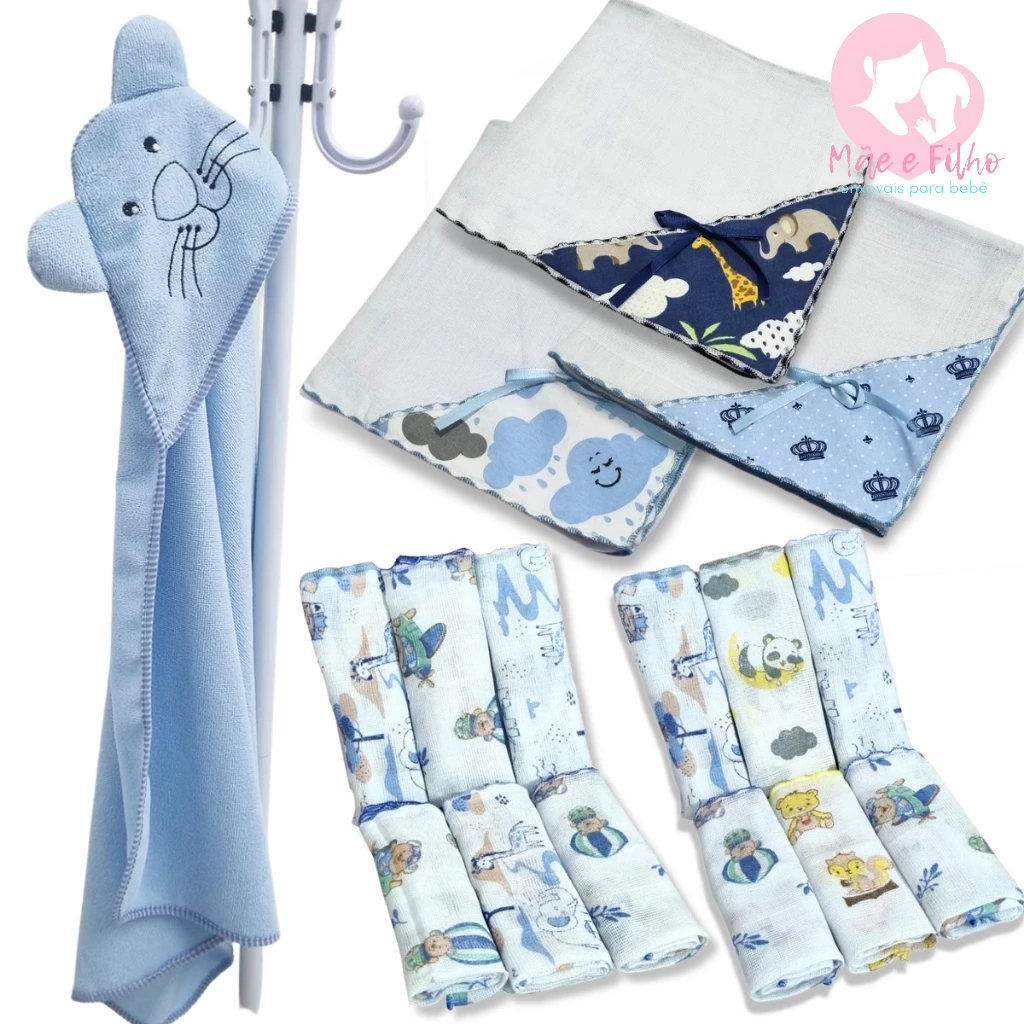 Kit Enxoval Bebê 15 Peças Toalha de Banho Bebê Bordada + 11 Fraldinhas + 3 Manta Fralda 10...