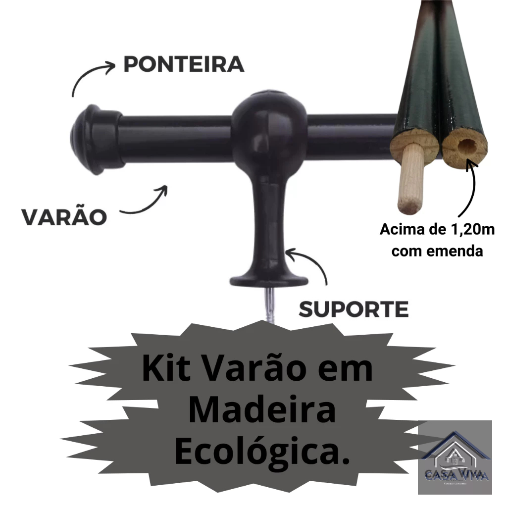 Kit Varão de Cortina 1,20 Metros 19mm Madeira P/ Quarto ou Sala Varal Completo P/ Instalação.