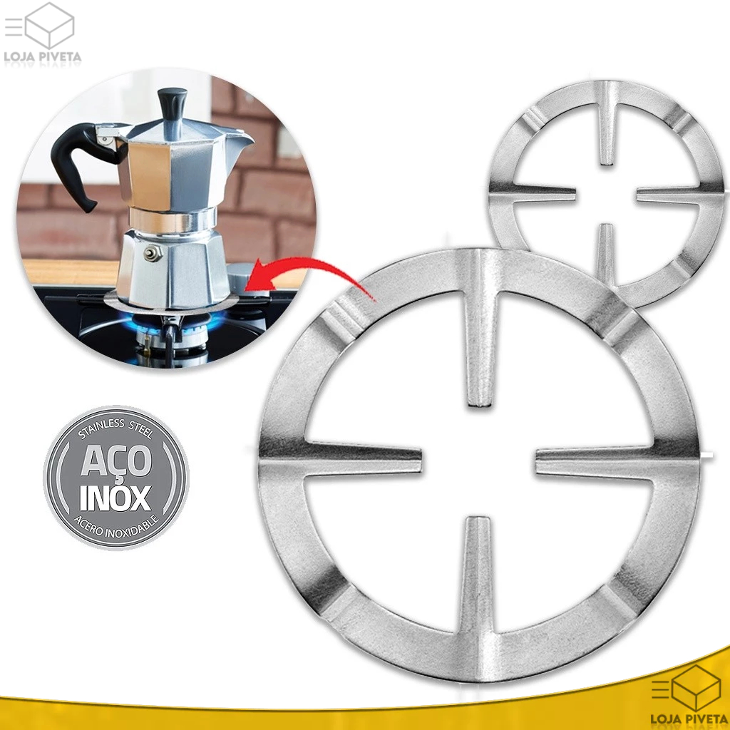 Kit 2 Unidades Base Redutora Suporte Para Cafeteira Italiana Fogão Cooktop Aço Inox Grelha 13,5cm