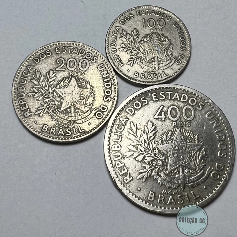 Lote com 3 Moedas MCMI 100 200 e 400 Réis 1901