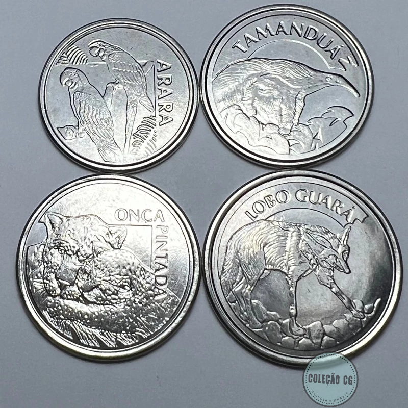 Lote 4 Moedas Fauna 5 10 50 e 100 Cruzeiros Reais 1993 Arara Tamandua Onça e Lobo