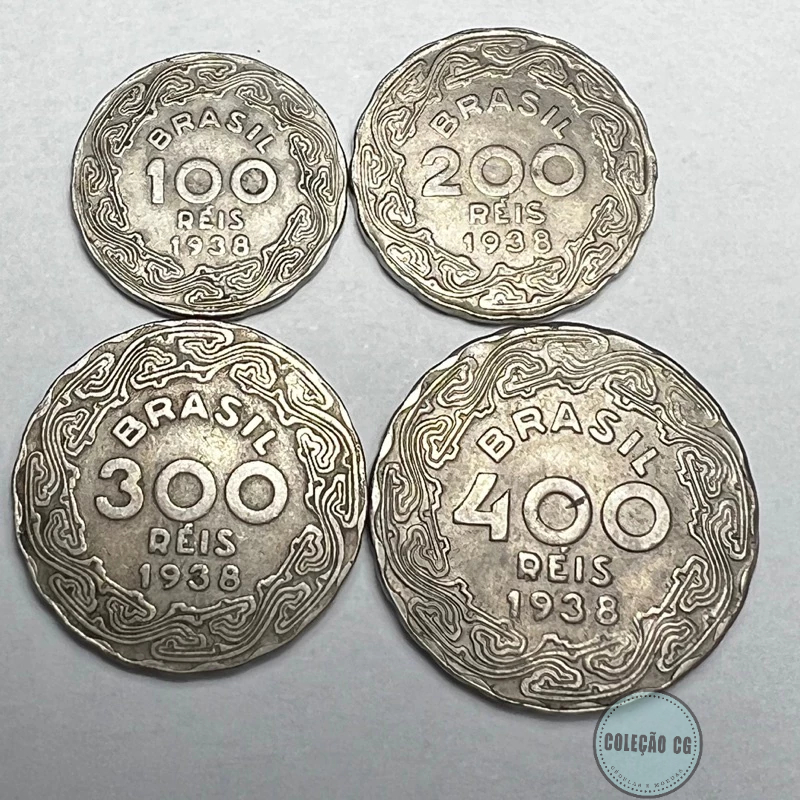 Lote 4 Moedas 1938 100 200 300 e 400 Réis Getúlio Vargas