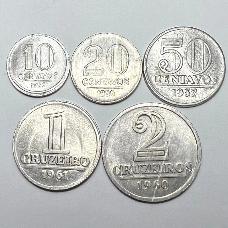 Lote 5 Moedas de Alumínio 10, 20, 50 Centavos, 1 e 2 Cruzeiros Datas Variadas entre 1956 a 1961