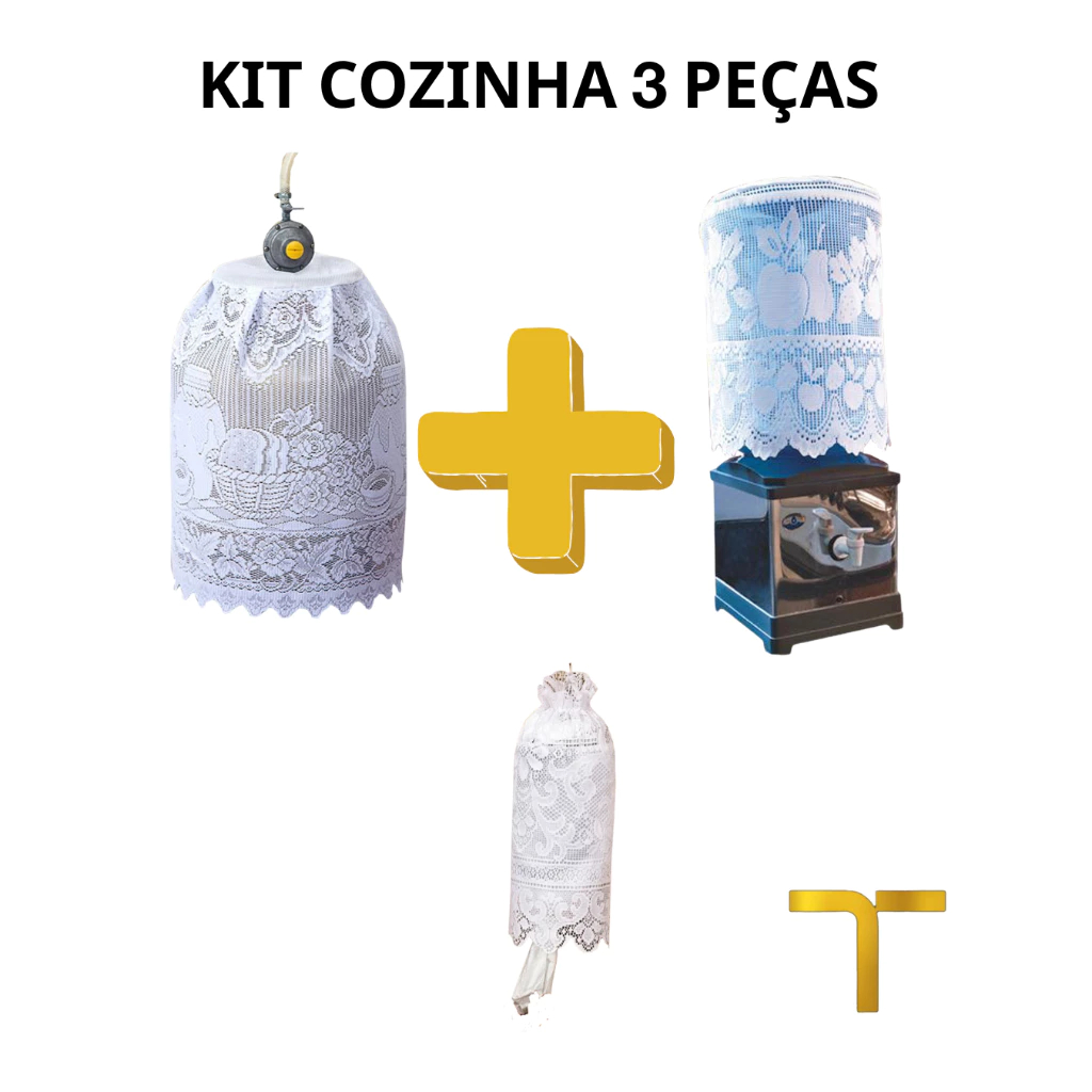 Kit Cozinha Elegante 3 Peças – Renda Romance com Capas para Galão, Botijão e Puxa Saco