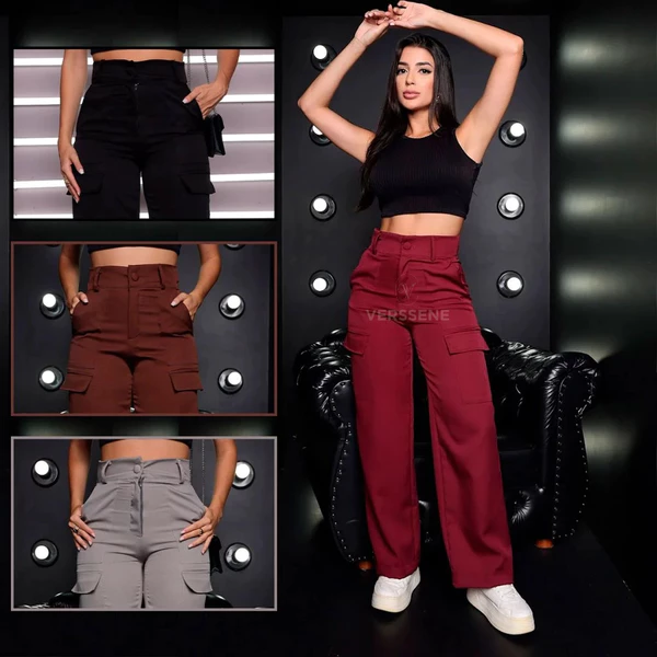Calça Pantalona Alfaiataria Cargo Feminina Wide Leg Estilosa Casual