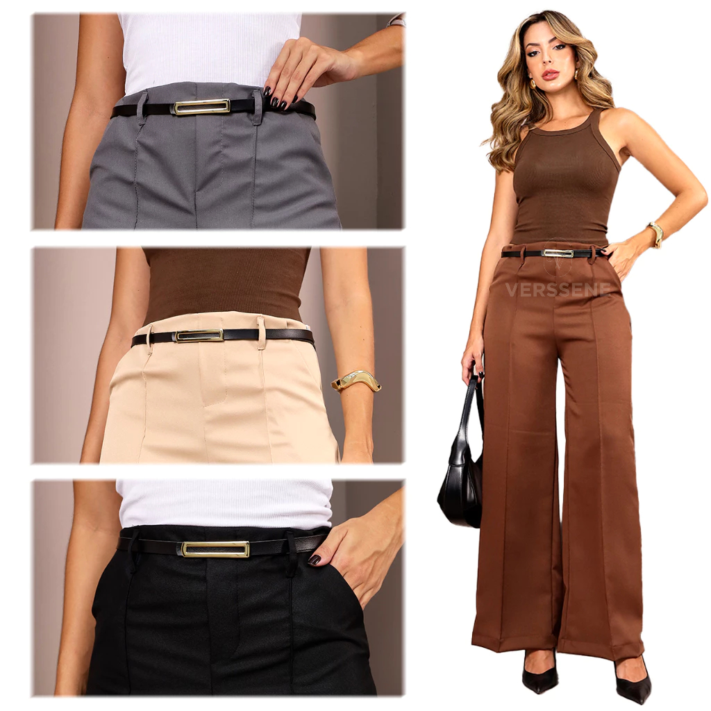 Calça Alfaiataria Pantalona Wide Leg Feminina Social Com Cinto Elegante Cintura Alta Social Zíper Lateral em Oferta na Shopee