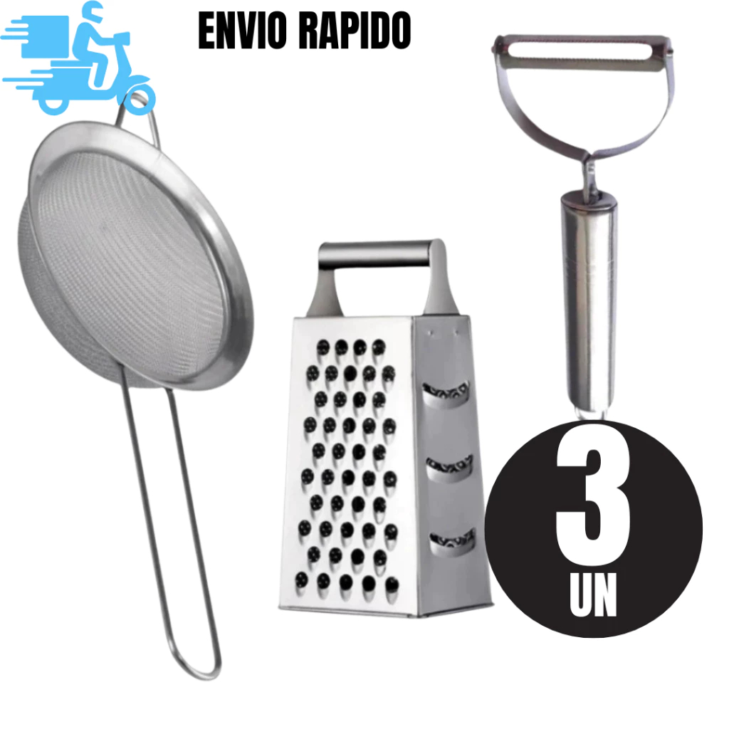 Conj 2 Peneira Grande Ralador 4 Faces Descascador Aço Inox para Cozinha e Conj 1 Batedor de Ovos