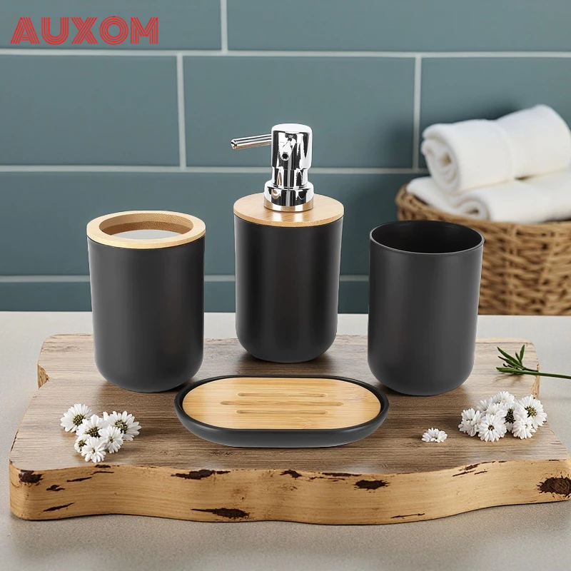 Kit 4 Peças para Banheiro em Bambu de Preto e Branco – Saboneteira, Porta Sabão Líquido, E...