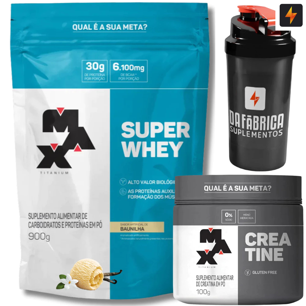 Kit Super Whey Concentrado 900g + Creatina Pura Monohidratada100g Max Titanium + Coquetele...
