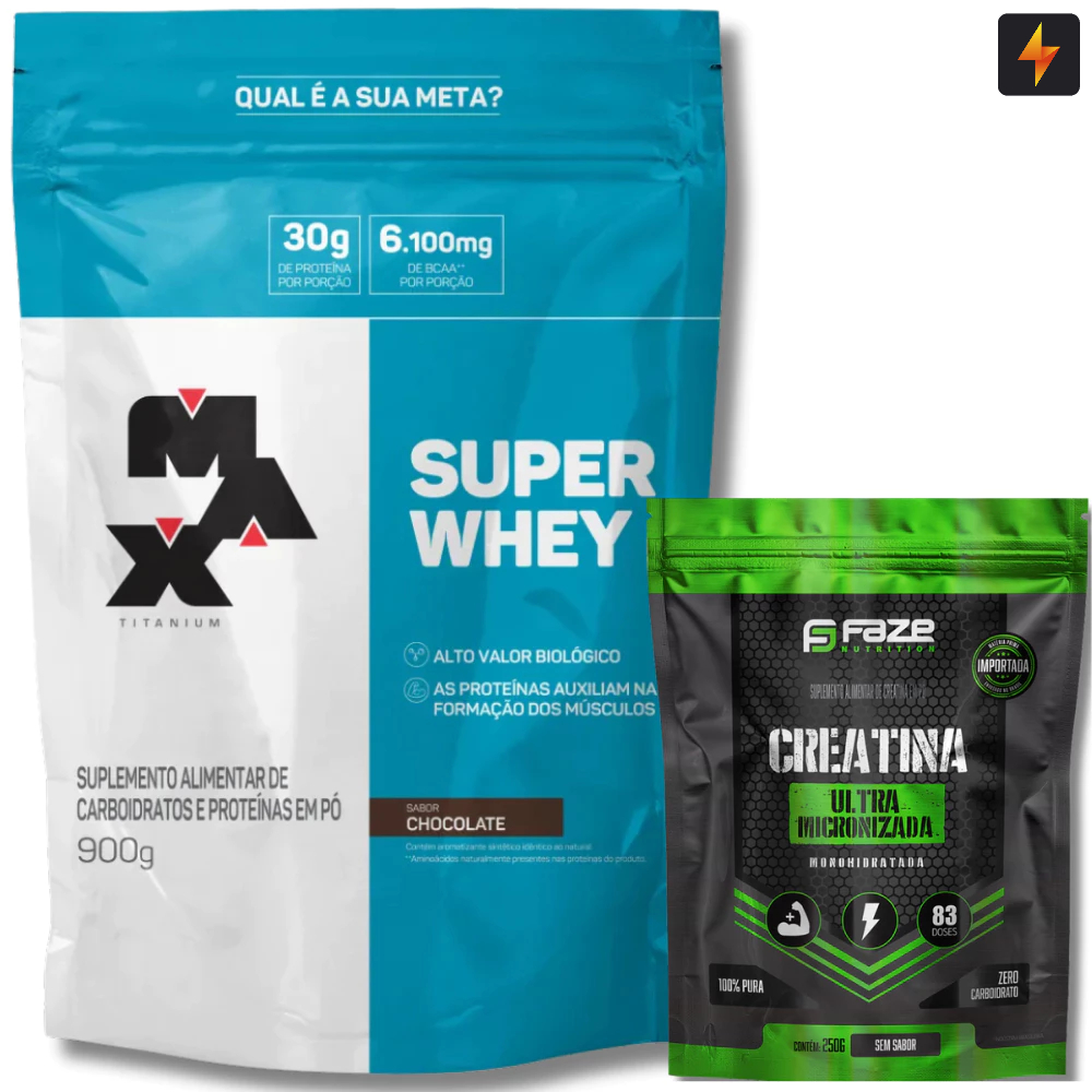 Kit Super Whey Concentrado 900g Max Titanium + Creatina 100% Pura Monohidratada 250g Faze ...