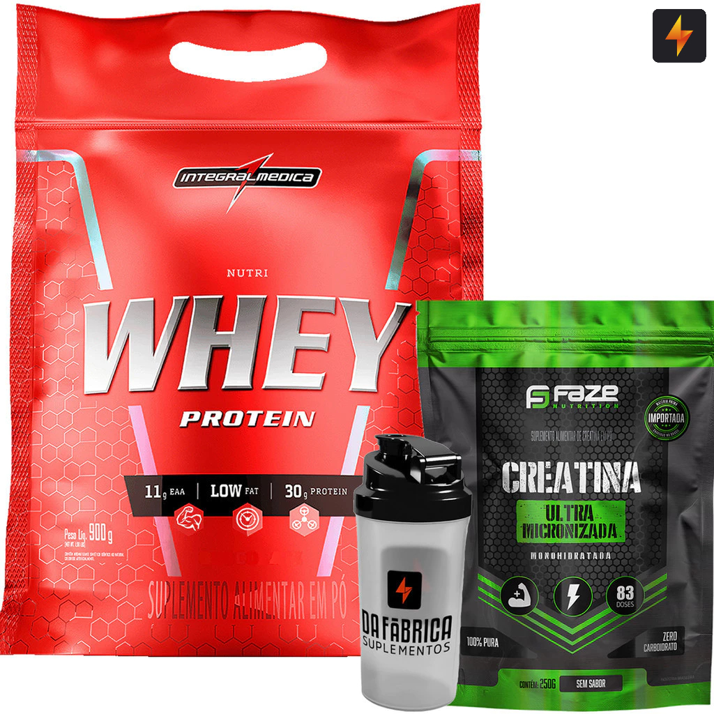 Kit Nutri Whey 900g + Creatina Pura 250g Faze Nutrition + Coqueteleira 600 ML