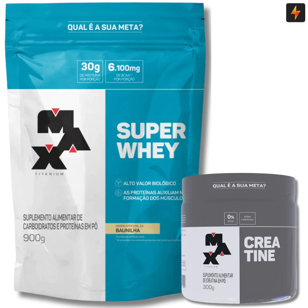 Kit Super Whey Protein Proteína Concentrada 900g + Creatina Monohidratada Pura 300g Max Ti...