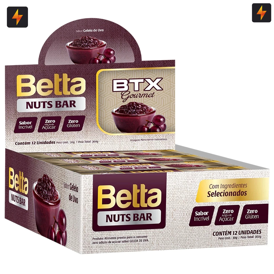 Barra Com Proteína Cereais Betta Nuts Bar 30G BTX Gourmet  -  Caixa 12 UN -  Zero adição de açúcar