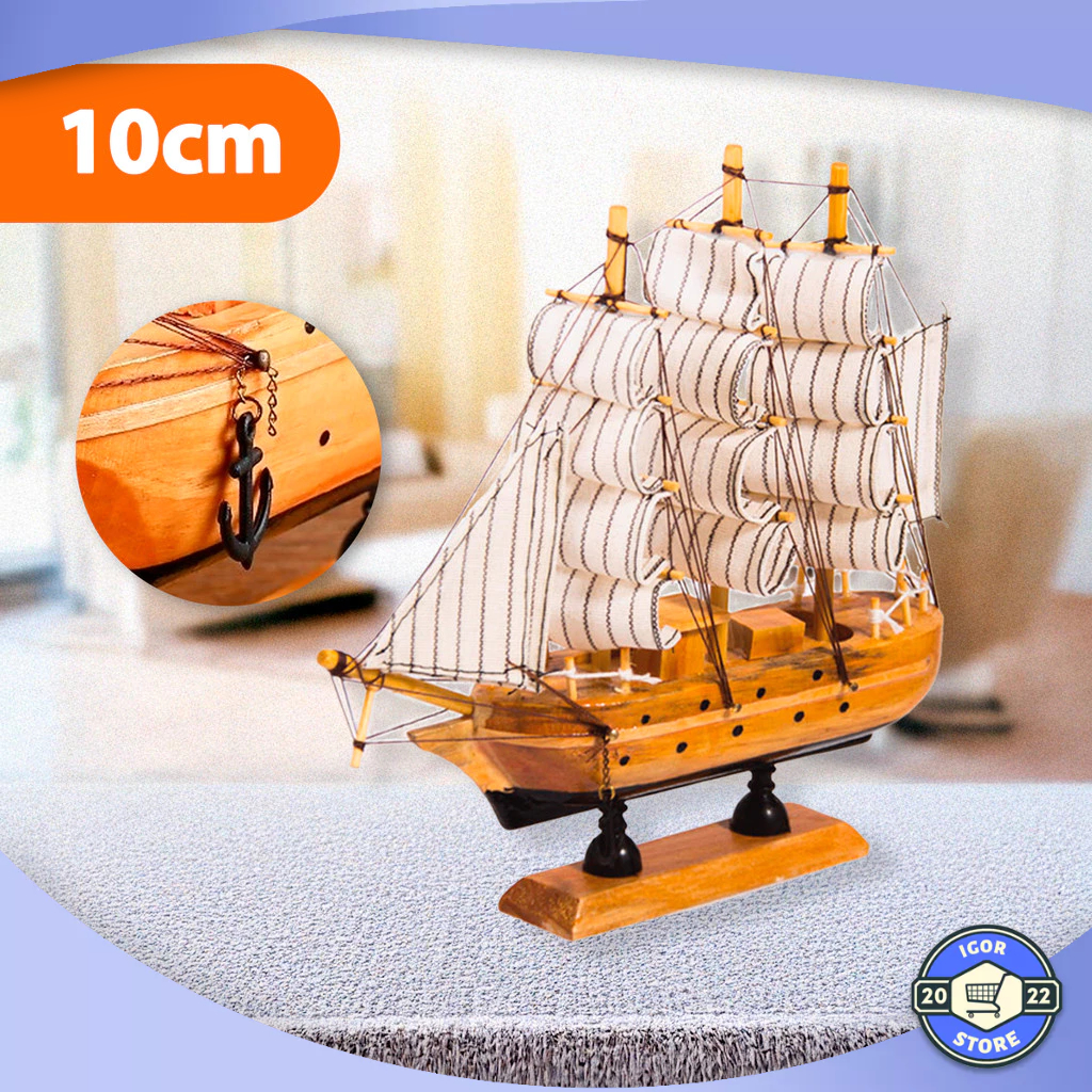 Miniatura Barco Navio De Madeira Veleiro Decorativo - 10cm