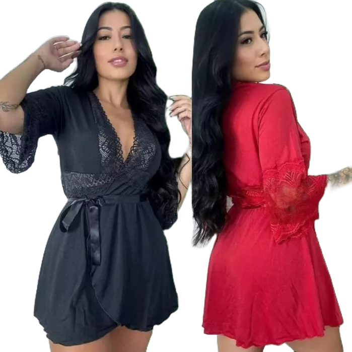 Kit 2 robe roupão feminino kimono luxo hoby curto com renda amarração fita de cetin