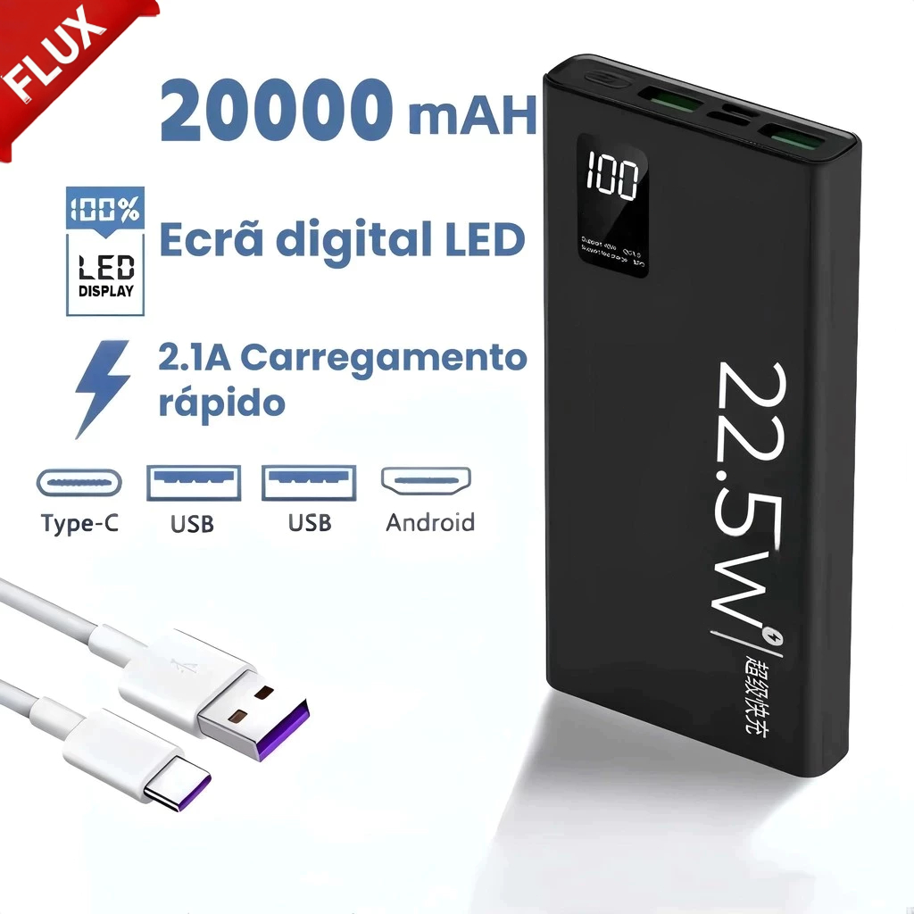 Carregador Portátil 20000mah grande capacidade power bank usb c 22.5w rápido portátil bateria para iphone samsung xiaomi