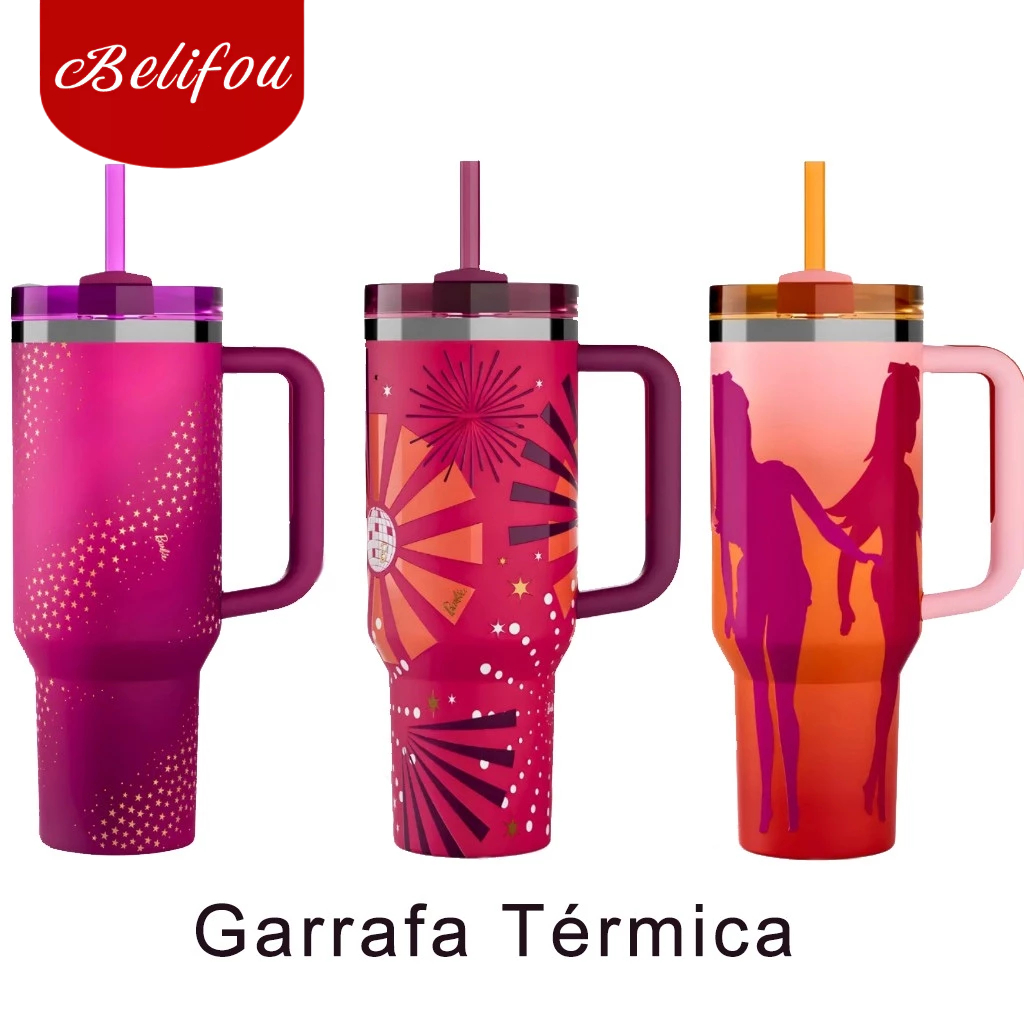 Belifou Garrafa Térmica Copo Barbie 1200ml Inox Com Tampa e Canudo Personalizado Modelo