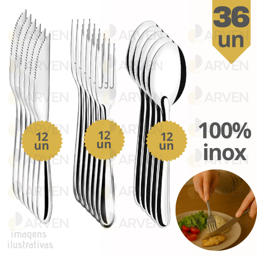 Jogo de Talheres 36pç Aço Inox 100% Garfo Faca e Colher de Mesa ALTA QUALIDADE