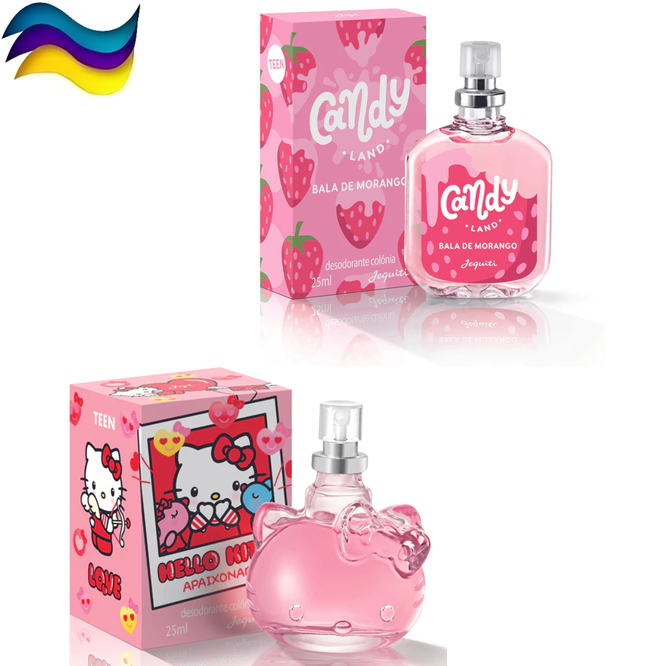 Perfume Jequiti Kit Colônia Hello Kitty Apaixonada + Candy Land Bala Morango 25 ml Infantil Feminina