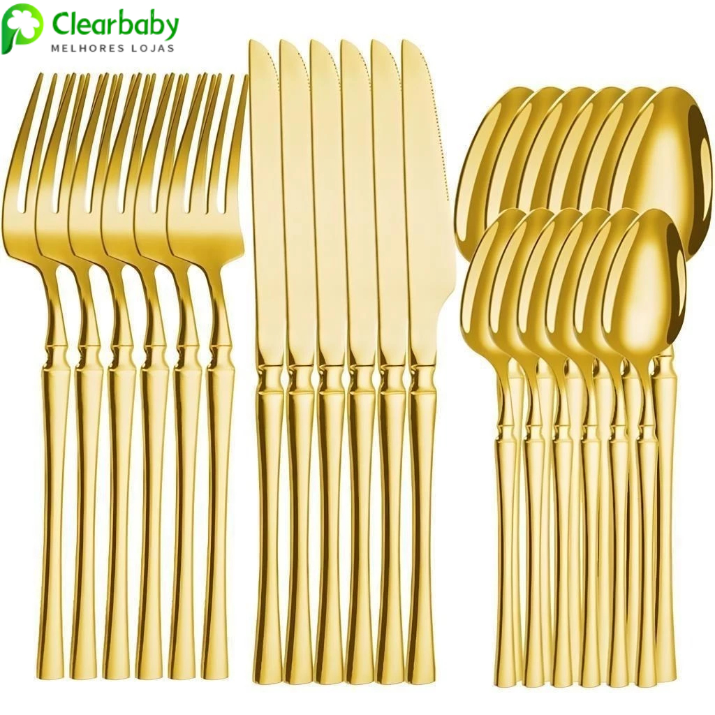 Kit Talheres 24 Peças Luxo | Garfos, Facas e Colheres em Aço Inoxidável Dourado
