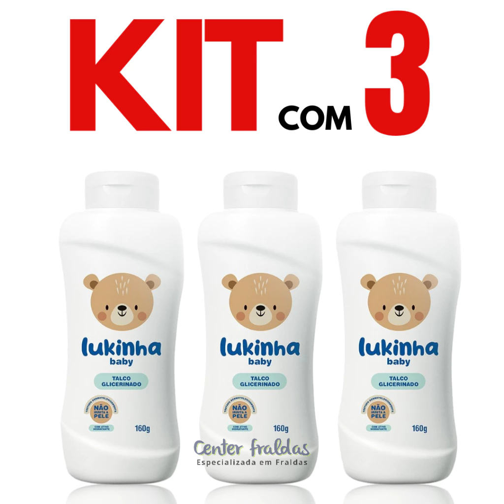 Kit com 3 Talco Glicerinado Infantil - Lukinha Baby 160g