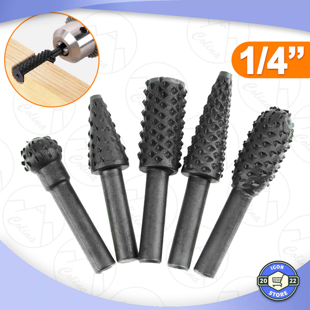 Kit 5 Peças Limas Rotativa Furadeira Grosa Para Madeira Várias Pontas 1/4"