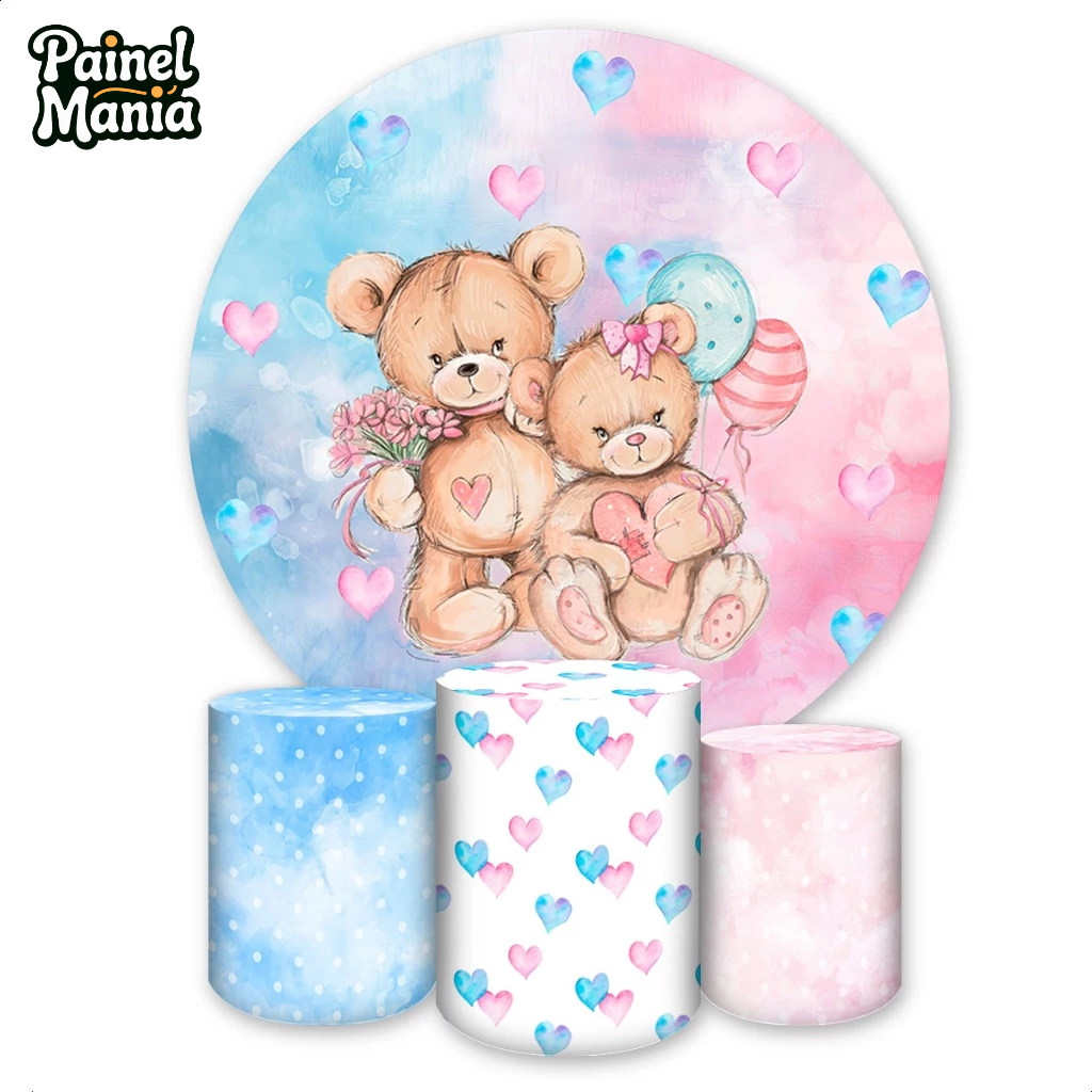 Kit Capas Sublimadas Painel Redondo + Capas Cilindros de Festa Chá Revelação
