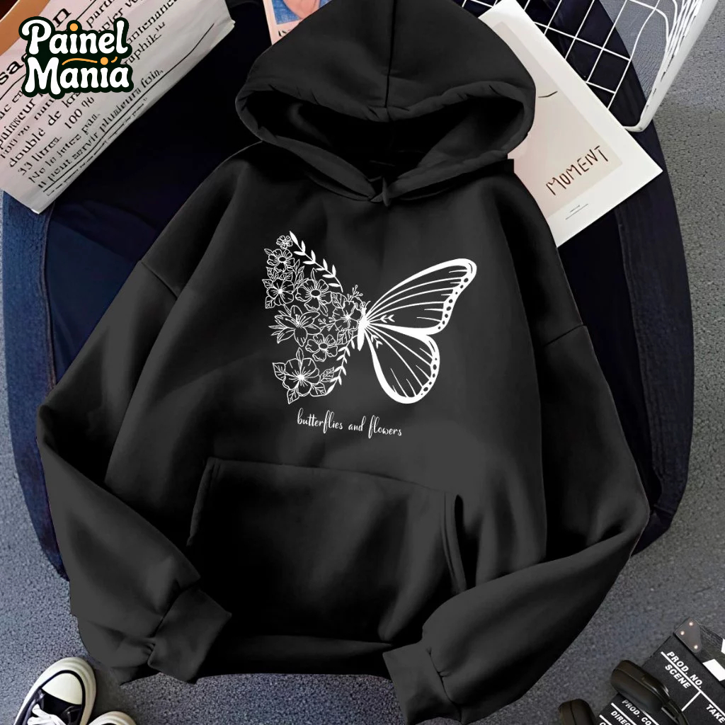 Moletom Blusa de Frio Butterflies and Flowers Bolso Canguru Cordão Capuz 5281 em Oferta na Shopee