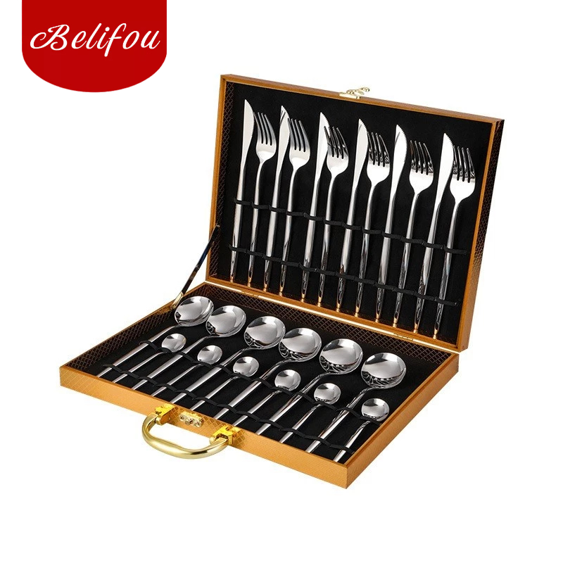 Belifou Kit 24 Peças Jogo De Talheres Dourados Aço Inoxidável 416 Caixa De Madeira