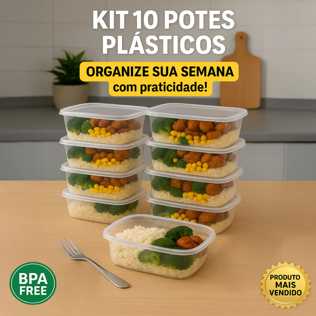 Kit 10 Potes 500ml Transparente Retangular BPA Free Marmita Fitness Lavável em Oferta na Shopee