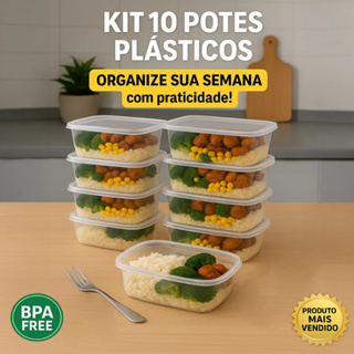 Kit 10 Potes 500ml Transparente Retangular BPA Free Marmita Fitness Lavável em Oferta na Shopee