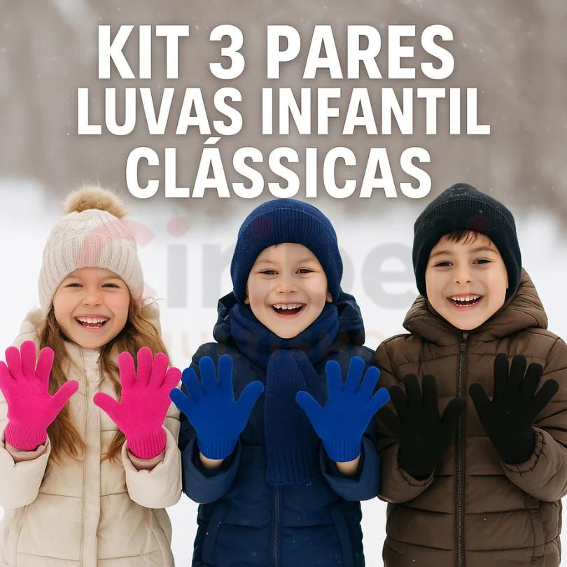 Kit 3 Pares de Luvas Infantis Cores Clássicas Lã Quentes, Confortáveis, Inverno Tamanhos de 3 a 9 Anos