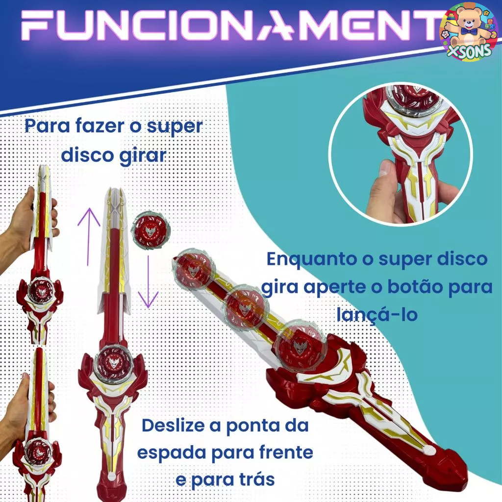 Kit Espada Lançador De Beyblades + Beyblade Brinquedos Para Criança