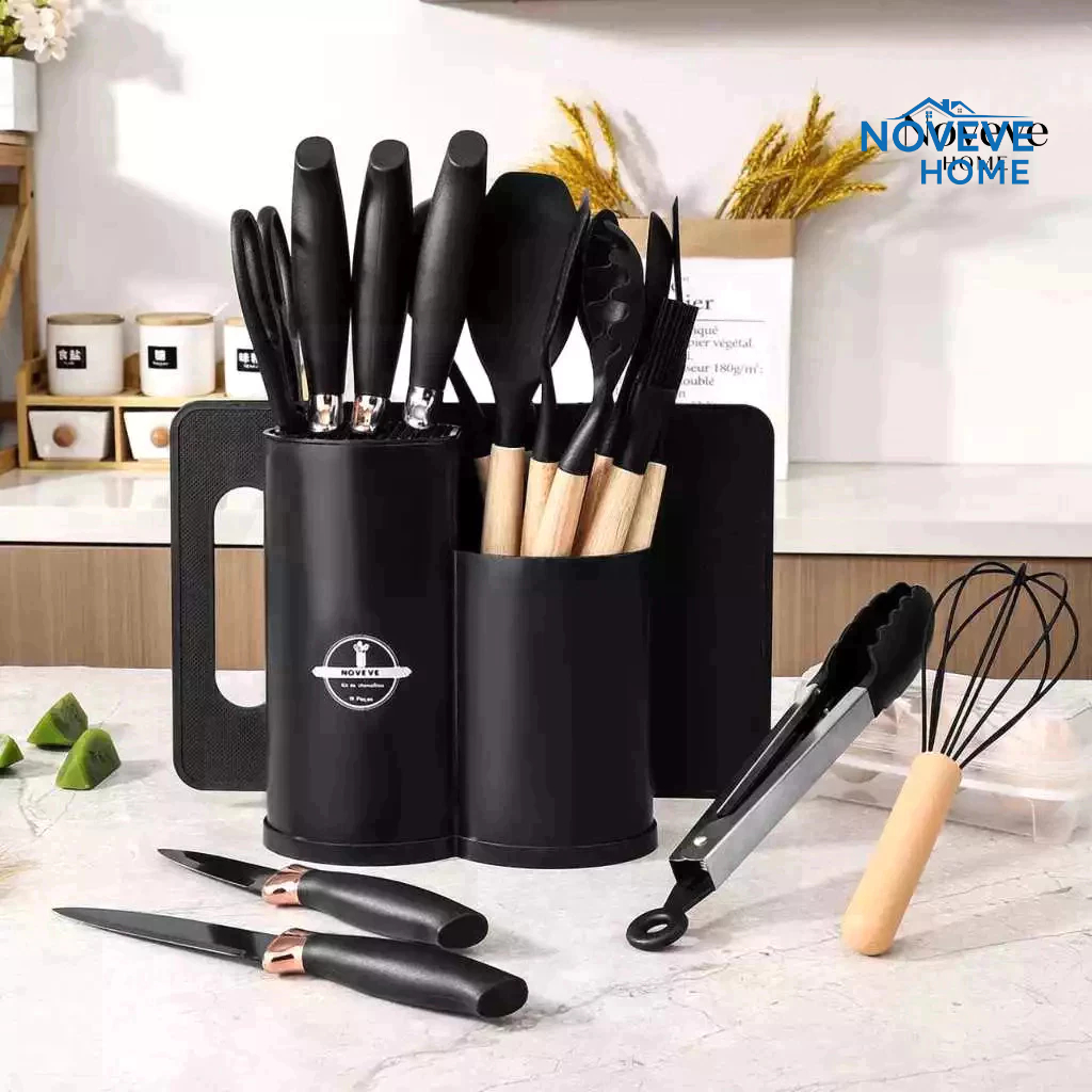 Kit 19 Peças NOVO Completo Jogo Utensílios de Cozinha Luxo Com Tábua em Silicone Espátula Faca Tesoura 1500GR