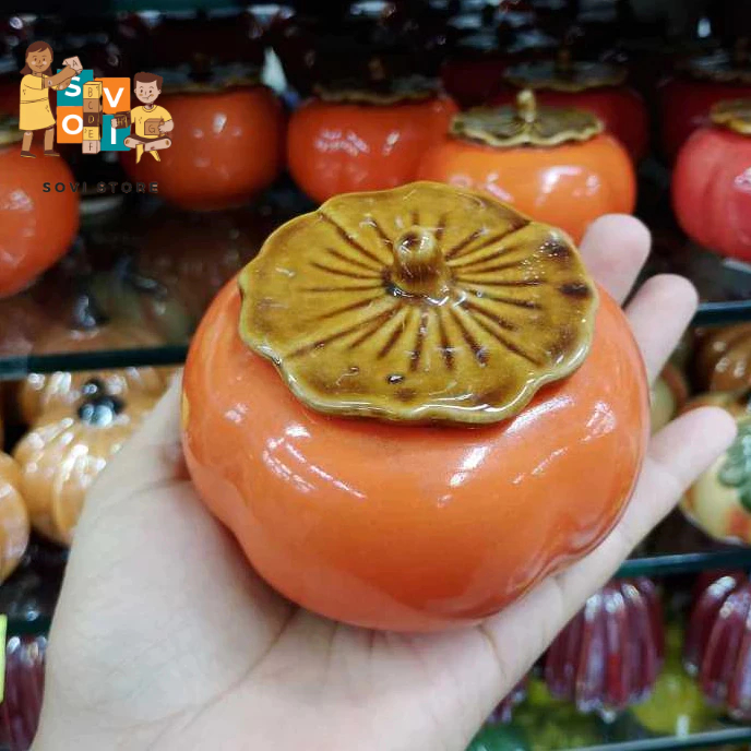 Recipiente Pote Vaso P com tampa em cerâmica Caqui Abóbora. Recipiente para vela artesanal. Decoração. Porta especiarias