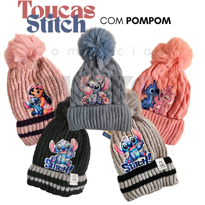 Touca Infantil Lilo e Stitch com Pompom Quentinha Forrada Confortável Inverno Frio Gorro Lã Até 10 Anos