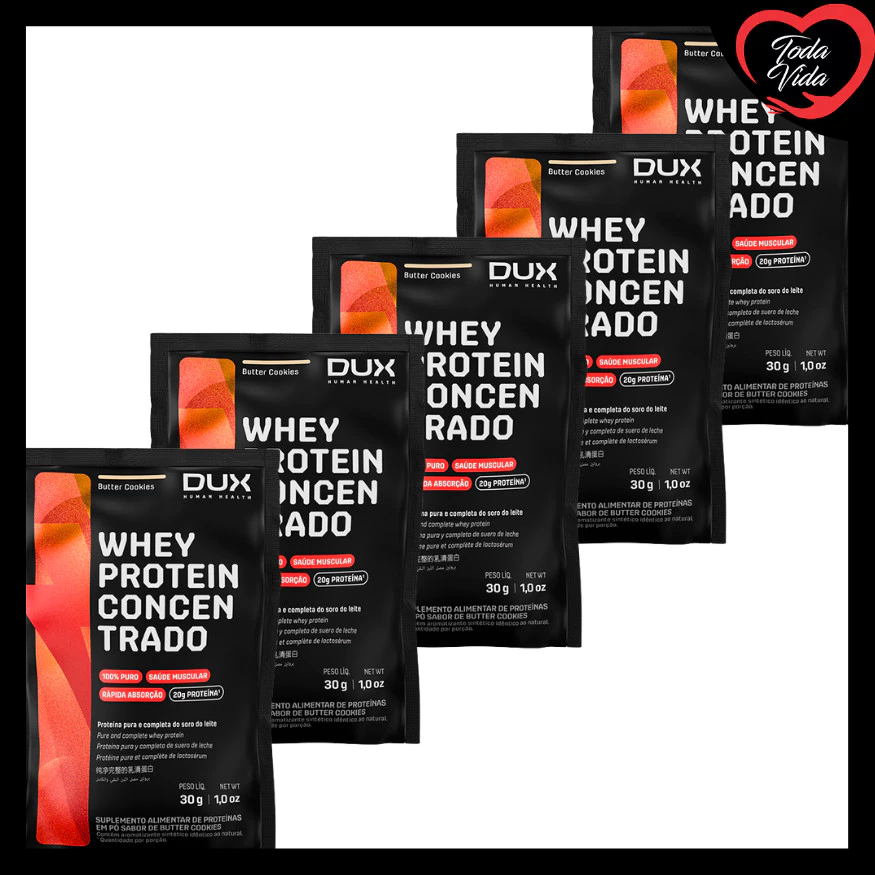 KIT 5 UN SACHE WHEY PROTEIN CONCENTRADO DUX HUMAN 28G BUTTER COOKIES