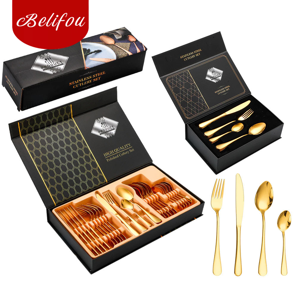 Belifou Kit 24 Conjunto De Talheres De Ouro Com Conjunto De Faca E Garfo 416 Caixa De Presente em Oferta na Shopee