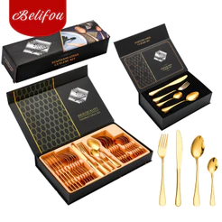 Belifou Kit 24 Conjunto De Talheres De Ouro Com Conjunto De Faca E Garfo Caixa De Presente