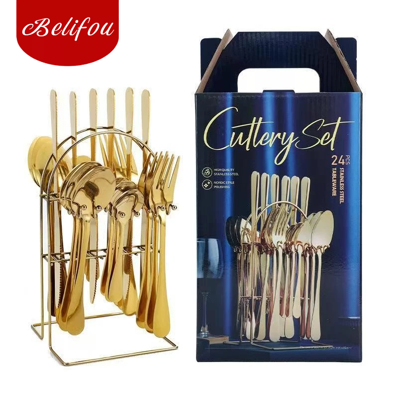 Belifou Kit 24 Conjunto De Talheres De 24 Peças Conjunto De Faca E Garfo Dourado Com Suporte em Oferta na Shopee